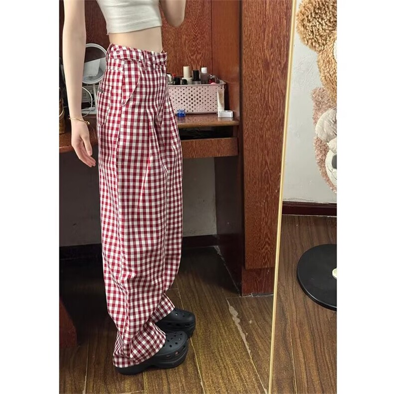 美式红色格子休闲裤女2025新款夏季薄款宽松直筒阔腿显瘦拖地裤子,男装休闲裤,星座506A