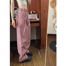 美式红色格子休闲裤女2025新款夏季薄款宽松直筒阔腿显瘦拖地裤子，男装休闲裤，星座506A