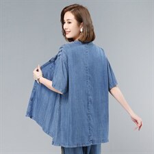 2021夏季新款时尚气质拼接水洗牛仔短袖衬衫，女装衬衫，叶笙衣