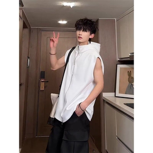 连帽背心男夏季拉链设计感小众美式高街潮牌重磅坎肩宽肩无袖图片