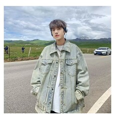 牛仔外套男春秋季潮牌美式高街男翻领痞帅宽松休闲上衣JK88-P60，男装工装外套，星座208-5