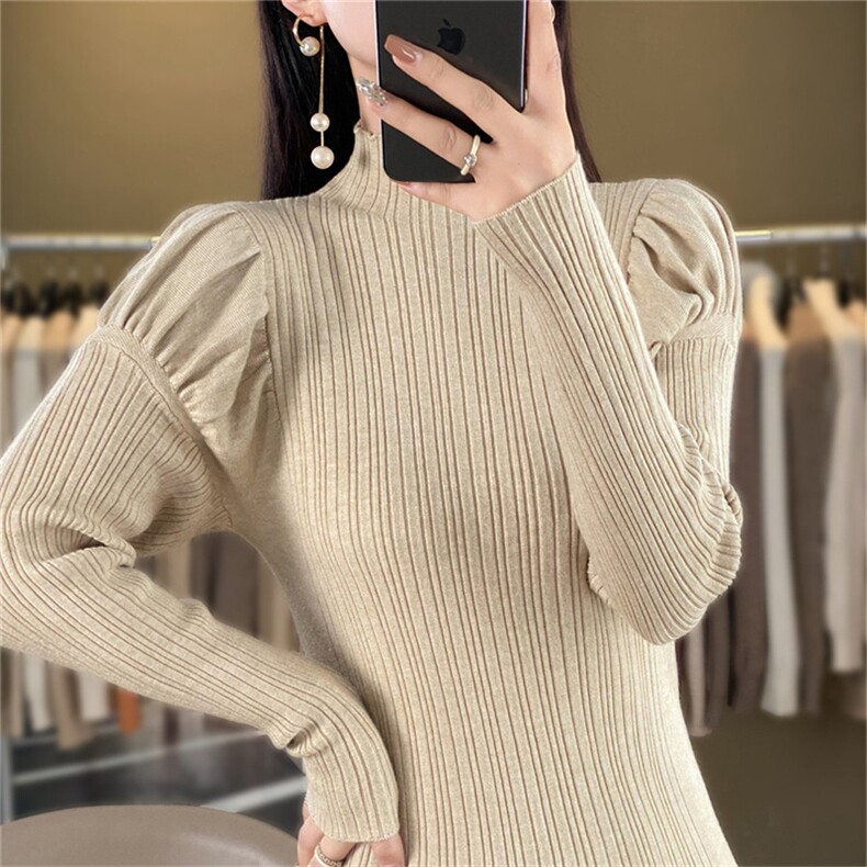 时尚百搭花苞袖高领针织衫修身显瘦仿羊毛毛衣女款,针织衫/毛衣,暖姿羊绒