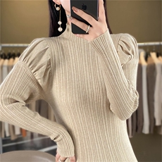 时尚百搭花苞袖高领针织衫修身显瘦仿羊毛毛衣女款，女装针织衫/毛衣，暖姿羊绒