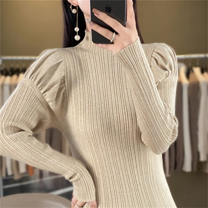 时尚百搭花苞袖高领针织衫 修身显瘦仿羊毛毛衣女款图片