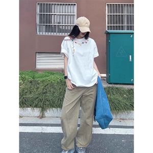 M554-P35花朵项链刺绣短袖T恤男女新款潮牌街头美式上衣图片