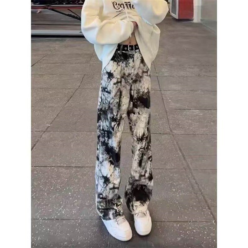 新中式水墨扎染直筒牛仔裤男春秋季美式高街vibe设计感修身微喇裤,男装牛仔裤,星座613