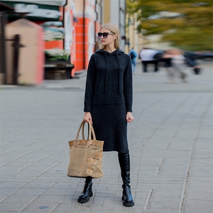 连帽中长款羊绒衫女秋冬新款宽松大口袋毛衣裙过膝连衣裙，女装连衣裙，鹿一羊绒