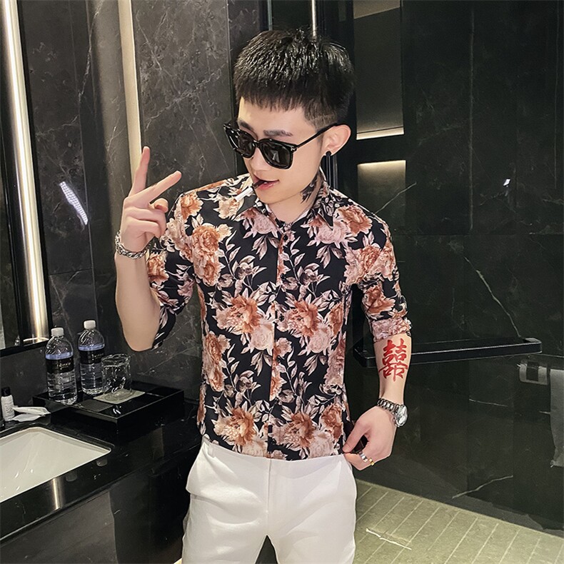 312A-109-P55新款社会小伙中袖衬衫韩版潮流男士五分袖衬衣A,男装T恤,星座312A-5