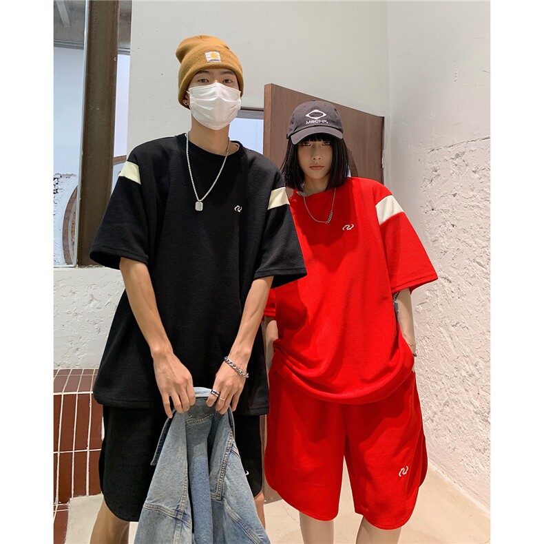 情侣装夏装新款华夫格撞色拼接套装男女宽松半袖T恤潮D295P68,男装T恤,电商A335-1（原A458）