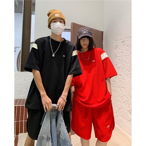 情侣装夏装新款华夫格撞色拼接套装男女宽松半袖T恤潮 D295 P68图片