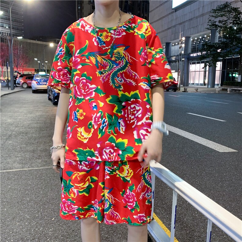 TZ203男女休闲东北大花短袖圆领T恤衫短裤可套装单选团队服风,男装休闲套装,星座115A(原星座507）
