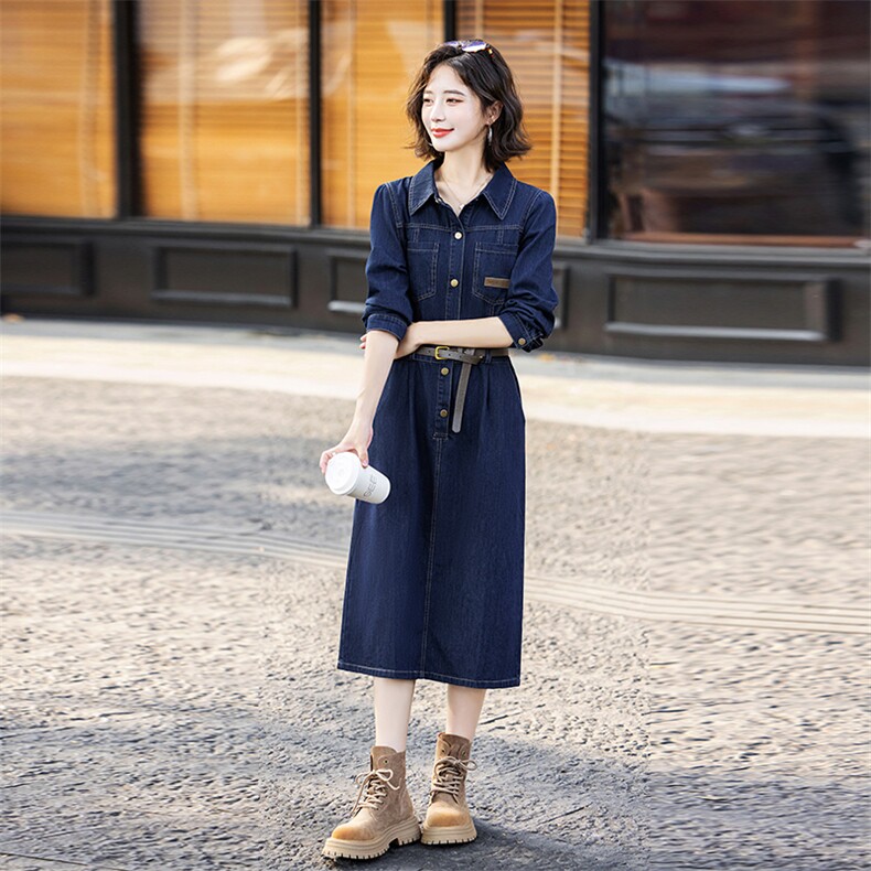 欧货时尚牛仔连衣裙女2024春秋新款高端独特炸街洋气减龄衬衫长裙,女装连衣裙,E百度