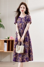 休闲文艺气质棉麻碎花连衣裙女2025夏季新款系带遮肚子显瘦印花裙，女装连衣裙，倪叶myz