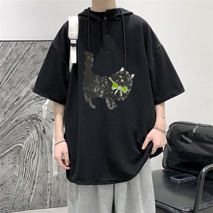 LD54413-P45NASA 连帽短袖t恤男大码胖子带帽五分袖中袖图片