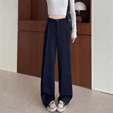 春款小众设计窄版直筒裤宽松显瘦侧拼接防牛仔拖地西装裤女，女装休闲裤，云美莎专业女裤-全店现货