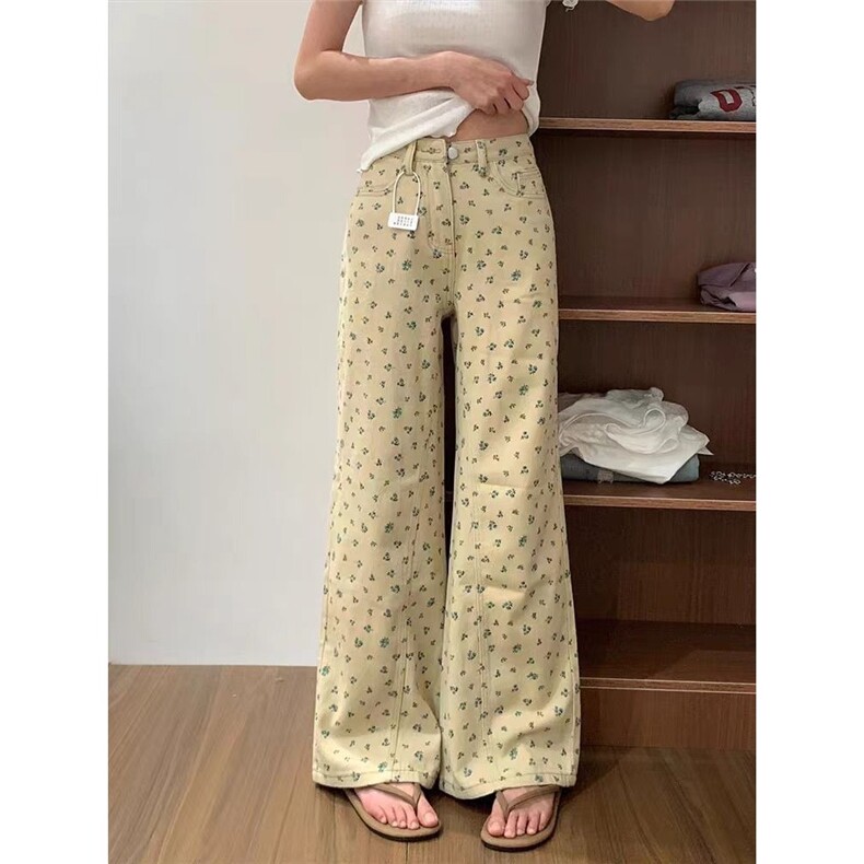 大码复古碎花直筒牛仔裤女2025新款设计感高腰高腰宽松阔腿裤图片