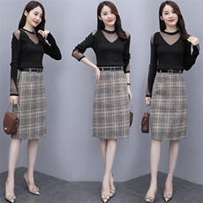 2021新款秋冬季套装/套裙时尚针织打底衫格子毛呢半身裙两件套，女装套装/套裙，瑶迪依秀