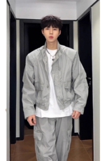 工装风灰色垫肩外套夹克机车服JK948特P100，男装夹克，星座908-1