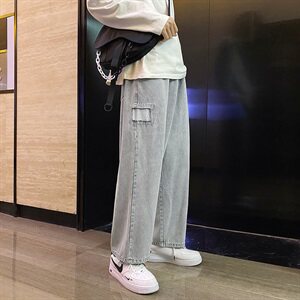 K716-P55      秋季港风大码松紧破洞牛仔裤男直筒老爹裤拖地裤图片