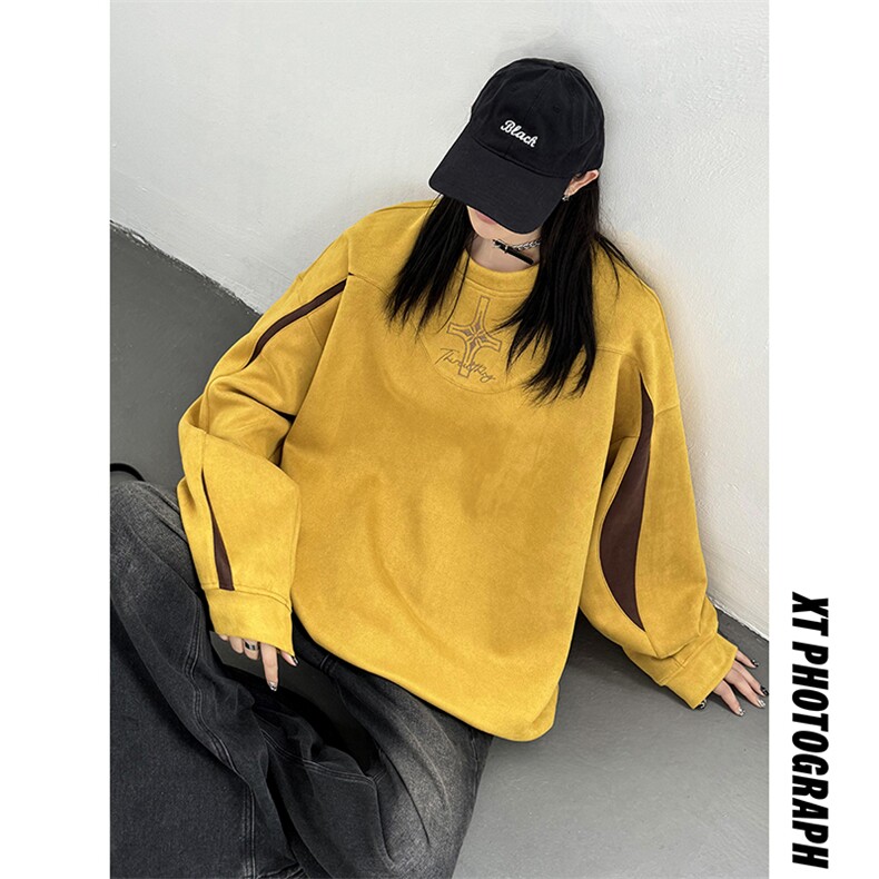 主推 美式复古麂皮绒绣花圆领中性卫衣宽松外套男女 D365 P58图片