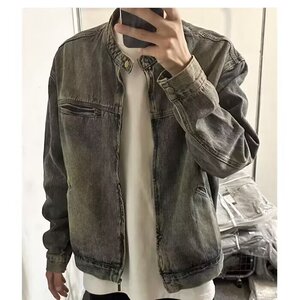 水洗做旧黄泥染复古蓝拉链牛仔外套男款痞帅炸街宽松百搭夹克上衣图片