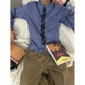 老钱风春季格子衬衣假领带假两件长袖衬衫打底内搭外套YH9956P40图片