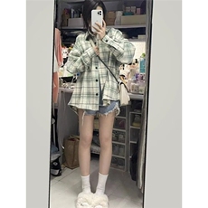 韩版格子衬衫女薄款外套日系新款春夏宽松休闲百搭小众长袖衬衣潮，男装衬衫，星座1210-1