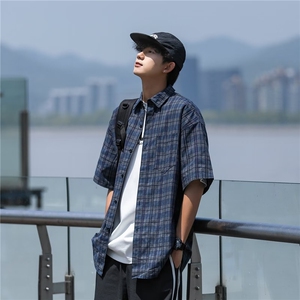衬衫男夏季潮牌潮流短袖衬衣高级感格子复古休闲外套 C203图片