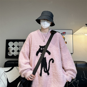 美式慵懒风宽松圆领毛衣男秋冬套头毛绒加厚长袖针织衫 M1695-P56图片