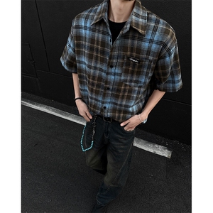 8XL-M 美式格子短袖衬衫男上衣复古宽松格纹五分袖衬衣CS524P48图片