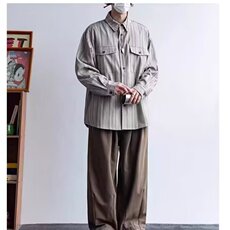 春秋季日系套装复古竖条纹长袖衬衫男女学院风宽松休闲叠穿衬衣，男装休闲套装，星座506A