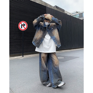 2024新款潮牌痞帅牛仔两件套装做旧炸街现货 W8286夹克P70裤子P50图片