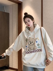 华棉复合真超加绒加厚卫衣女秋冬宽松设计感刺绣连帽保暖上衣，商品下架区，网红馆