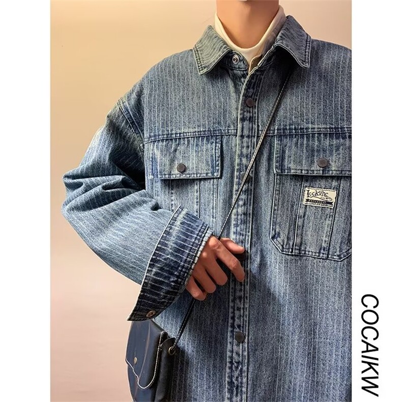 牛仔外套男条纹韩版潮流2023秋冬季新款ins宽松百搭夹克W4036-P61，男装大码男装，星座412-2
