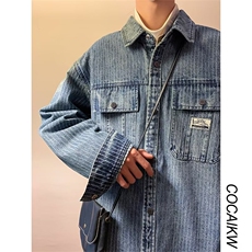 牛仔外套男条纹韩版潮流2023秋冬季新款ins宽松百搭夹克W4036-P61，男装大码男装，星座412-2