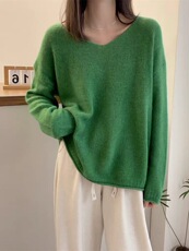 时尚温柔风加厚V领卷边套头羊毛衫显瘦百搭宽松毛衣，女装羊毛衫，圣旺供货