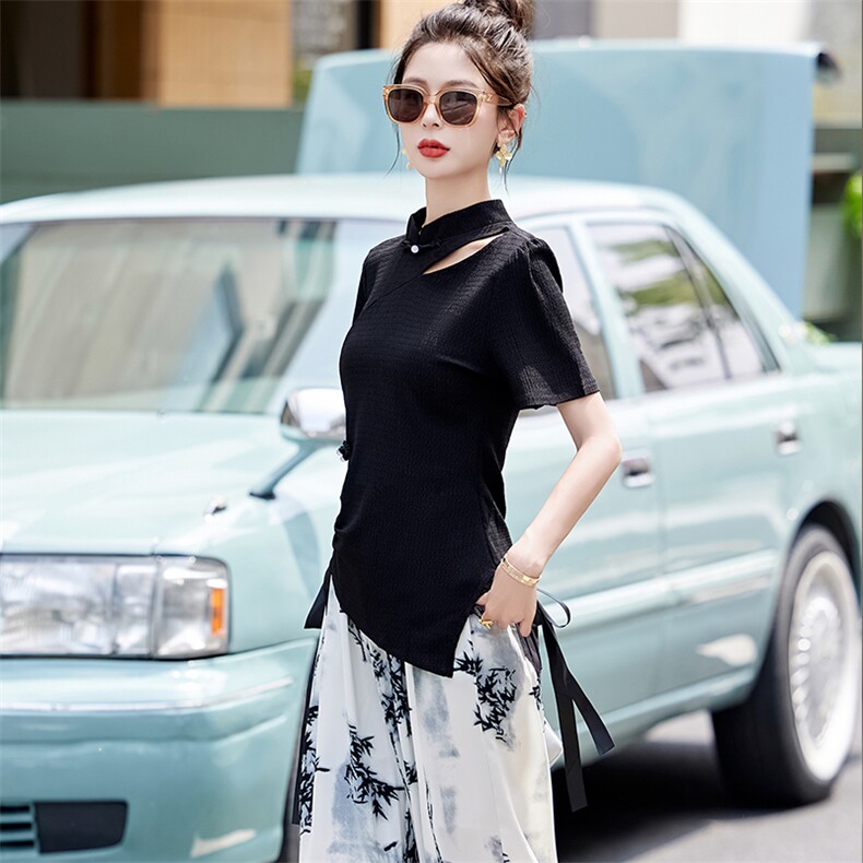新中式国风套装女2024夏季新款高级感改良旗袍水墨画阔腿裤两件套,女装套装/套裙,芷墨服饰