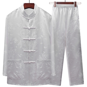 25新款夏款中老年风唐装真丝绸长袖套装太极服套装图片