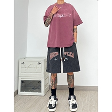 港风纯棉320G重磅水洗做旧印花短裤A014-DY25026-P40控58，男装牛仔裤，电商A014