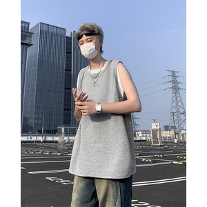 港风夏款男短袖背心假两件无袖宽松汗衫BX19P28,秋天儿童马甲搭配图片女生图片