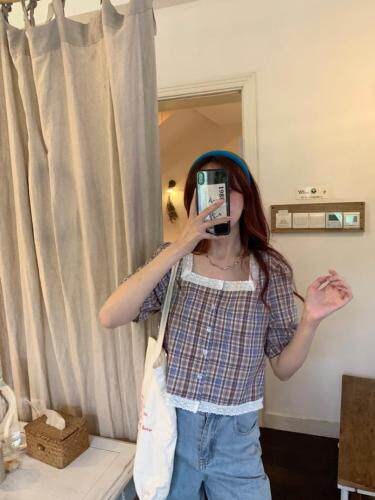 现货夏季新款复古格子上衣，女装，dznkb