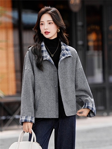 现货立领毛呢格子拼接外套女新款外穿宽松加厚百搭设计感夹克上衣图片