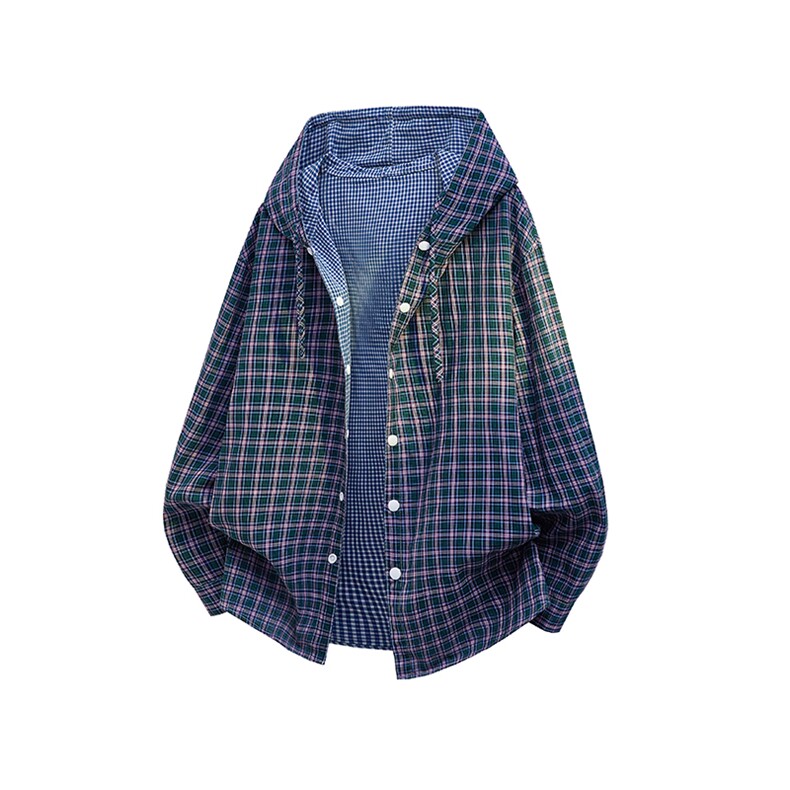春秋男士韩系学院风设计长袖连帽格子款式衬衫外套上衣P60，男装衬衫，电商B319