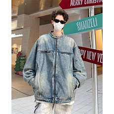 美式高街牛仔外套男春秋潮牌宽松拉链夹克痞帅机车服W6389-P70，男装工装外套，星座412-2