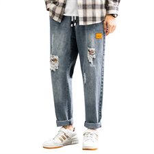 秋季牛仔裤男直筒宽松阔腿休闲长裤潮牌破洞九分裤子903-P45，男装牛仔裤，电商A318