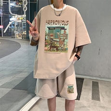 ！2025夏季新款男士华夫格短袖T恤套装百搭学生一套HTZ97P50，男装T恤，电商B220