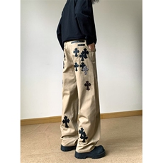 W10434-P70网图现货美式高街潮牌复古棕色十字架皮标牛仔裤，男装皮裤，星座1608