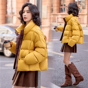 现货黄色撞色羽绒服女2025冬季新款小个子冬装外套150图片