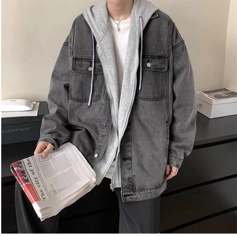 假两件牛仔外套男春秋季潮牌设计感夹克韩版潮流帅气百搭连帽上衣图片