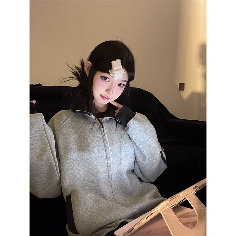 抖音得物高品质美式高街重磅结构设计拼接织带立领卫衣外套CM42,女装短外套,电商A486-1